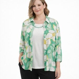 Alfred Dunner 14 Green Floral Swiss Dot Shirt & Beaded Tank Top 2 Piece Set Plus
